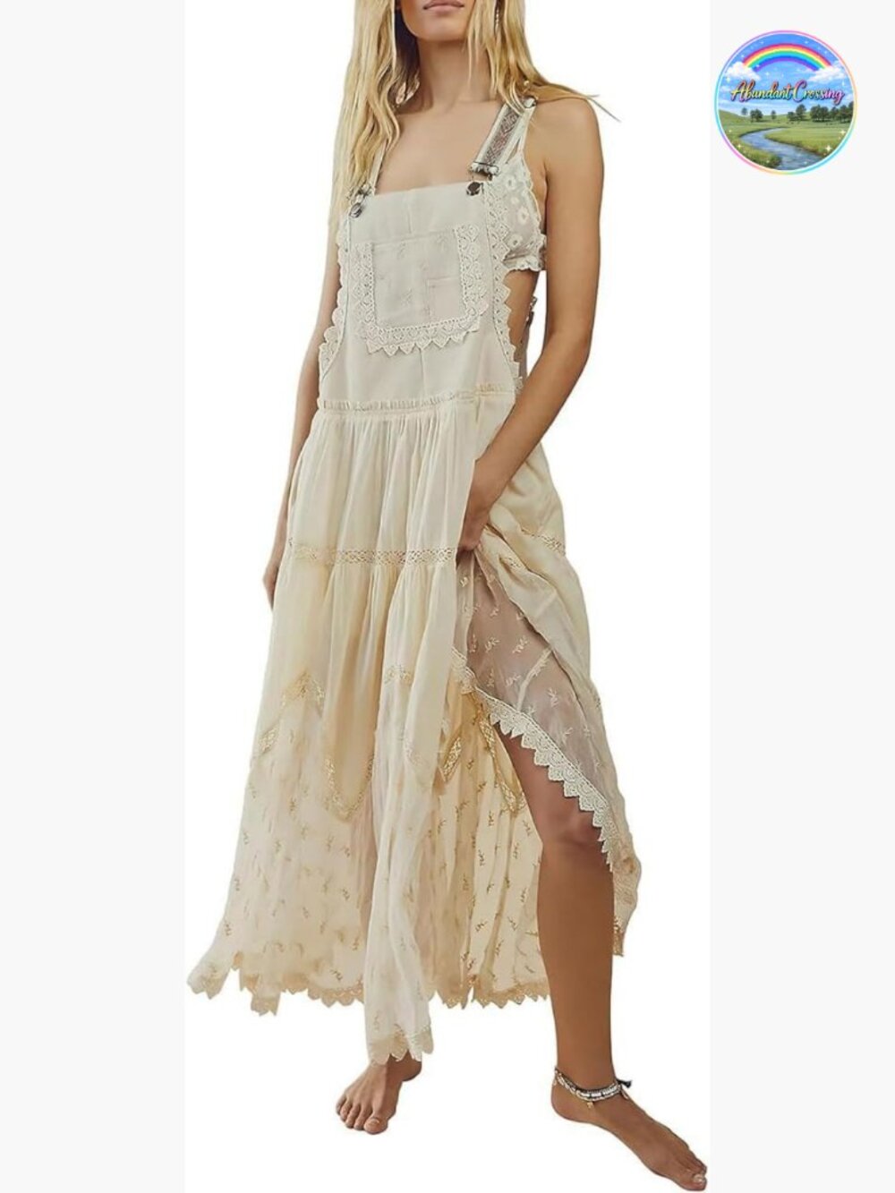Lace Embroidered Tiered Maxi Dress with Suspender Straps Bib Overall Jumper